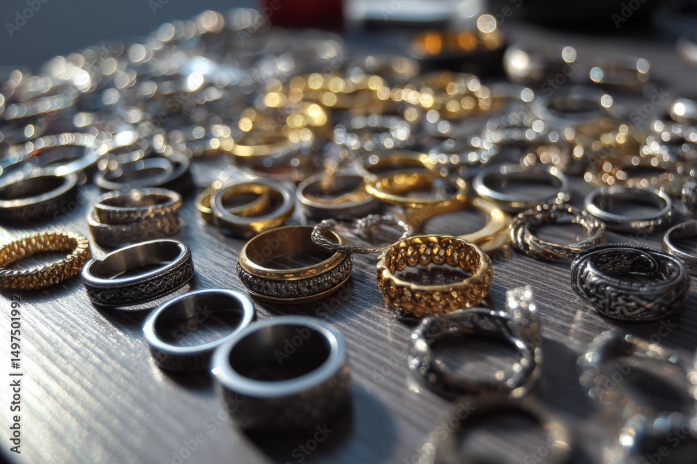 Poster variety of gold and silver rings displayed on a wooden surface with intricate designs and patterns