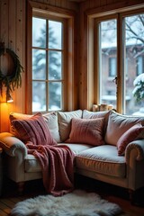 Fototapeta premium Cozy winter scene featuring a plush couch, soft blankets, and warm lighting, perfect for relaxation and comfort on a cold day , house interior, serenity