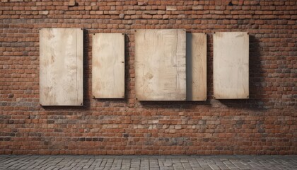 Multiple weathered paper posters affixed to a rough brick wall, showing design variations  Realistic outdoor setting ,  surface,  mockup,  weathered