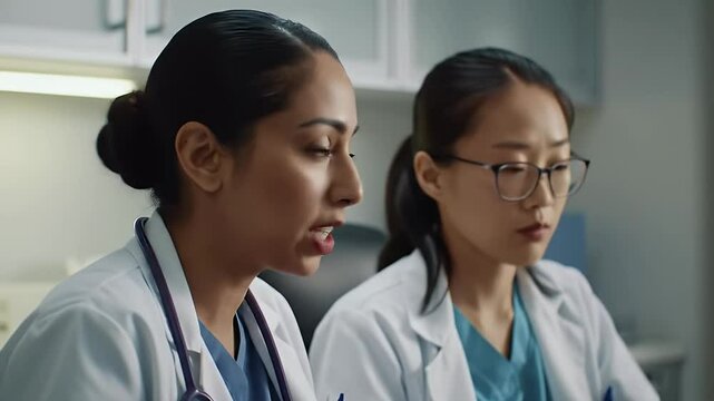 Portrait of young mixed race female health specialist working and talking in cabinet in clinic. Arab female doctor talking with Asian colleague