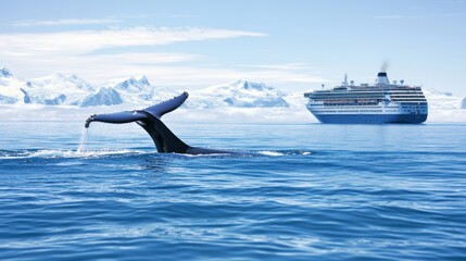 Naklejka premium Majestic humpback whale tail breaching near a grand cruise ship in arctic waters