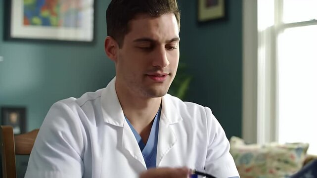 Professional young doctor assistant wearing in white coat uniform visit old lady patient in her cozy and charming flat with bright light room. Nurse measuring blood pressure using special equipment