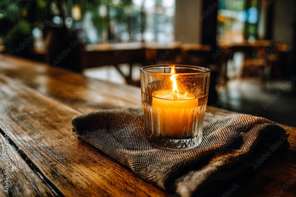 Aufkleber cozy candle on a wooden table at a cafe setting creating a warm ambiance during the evening