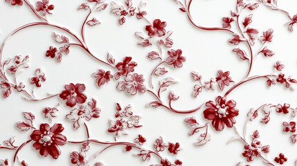 Elegant floral design featuring intricate red and white flowers intertwined with delicate vines, creating whimsical and artistic pattern
