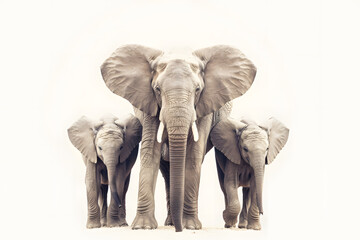 Fototapeta premium Mother elephant with two calves. African wildlife, family bond.