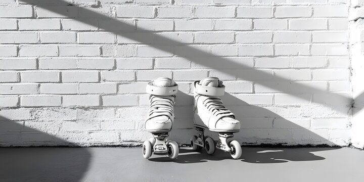 Fototapeta White Roller Skates Against Brick Wall Sunlight