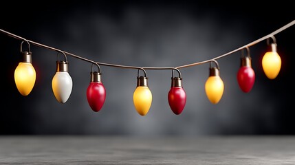 String of Christmas lights with a mix of red and yellow bulbs. The lights are hanging from a wire and are lit up