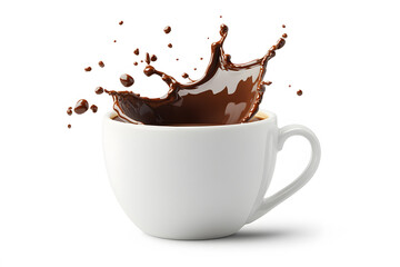 Espresso splash in a white cup. Hot drink concept.