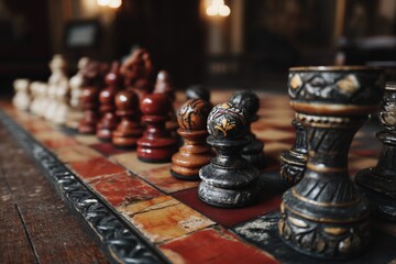Intricately carved chess pieces arranged on a vintage board in a dimly lit room showcasing classic artistry and skilled craftsmanship