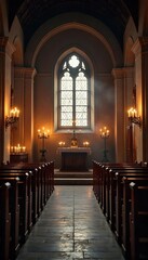 Fototapeta premium Serene candlelight illuminates a rustic church interior, creating a peaceful and contemplative atmosphere Perfect for themes of faith, hope, spirituality, and remembrance , memorial, architecture