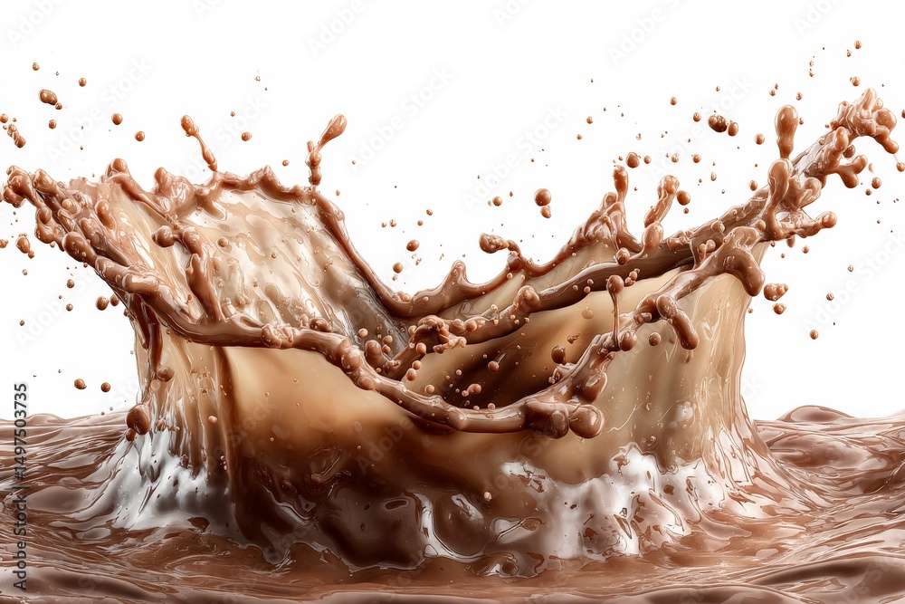 Poster chocolate splash captured in mid-air with dynamic droplets in bright lights