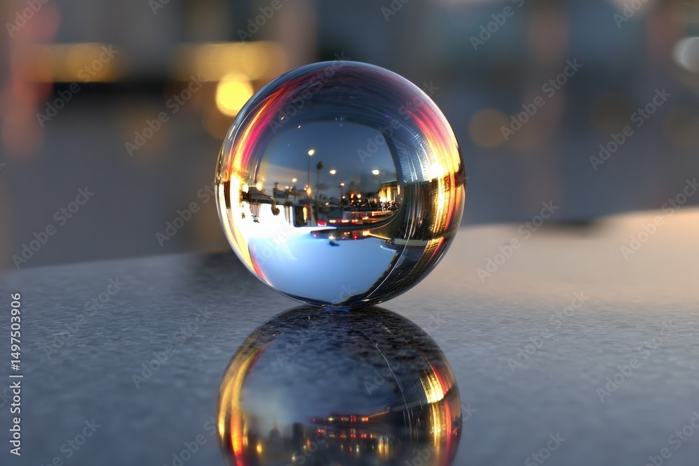 Poster Reflection of a vibrant sunset captured in a glass sphere on a reflective surface in an urban environment