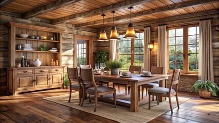 Fototapeta premium Rustic Wooden Cabin Interior with Dining Table, Wide Angle, 3D Render, Cabin Interior Design, Rustic Design, Wooden Furniture, Dining Room