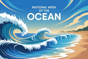 Obraz premium National week of the ocean illustration with waves crashing on the beach and blue sky