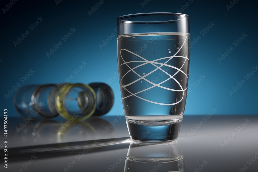 Poster clear glass of water on a shiny surface with decorative glasses in the background during a studio ph