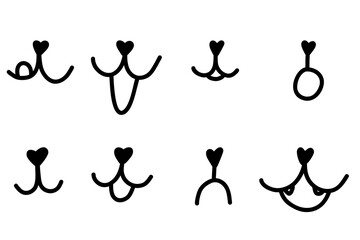 Handdrawn dog face with tongue hanging out. Dog tongue lick mouth and nose. Doodle happy cat face with open mouth. Icons set. Stock vector illustration isolated on white background.