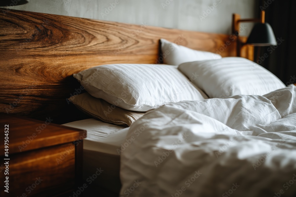 Aufkleber cozy and inviting bedroom setup with soft pillows and rumpled bedding in a modern interior