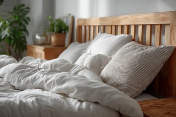 Cozy bedroom featuring a wooden bed frame, plush pillows, and crumpled bedding in a serene indoor environment