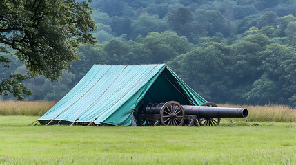 Historical re-enactment scene featuring a cannon concealed within a tent on a field