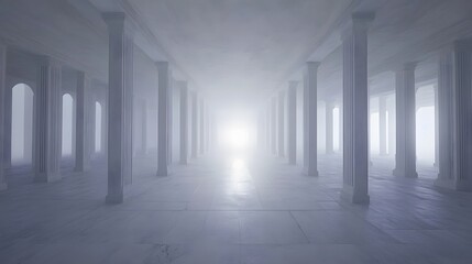 Fototapeta premium Ethereal Foggy Hallway Ancient Columns Marble Floor Architecture Background