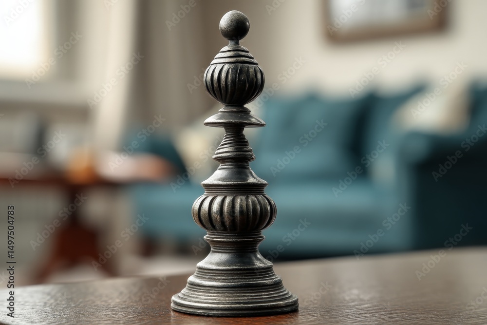 Poster unique decorative object placed on a wooden table in a cozy living room filled with basic furniture 
