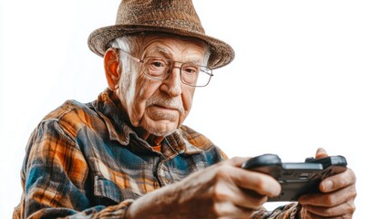 Senior citizen playing eSports isolated on white background