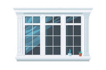 Modern white window with three panes and small plants on the sill.