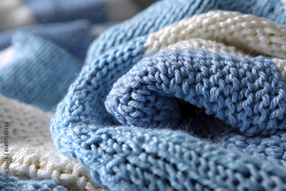 Poster soft blue knitted fabric displayed on a textured surface for cozy winter warmth during the day