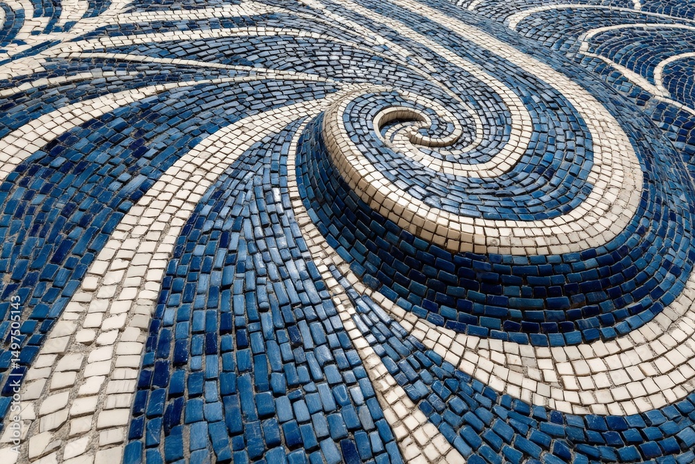 Poster beautiful blue and white mosaic pattern creates a swirling design on a textured surface in a public 