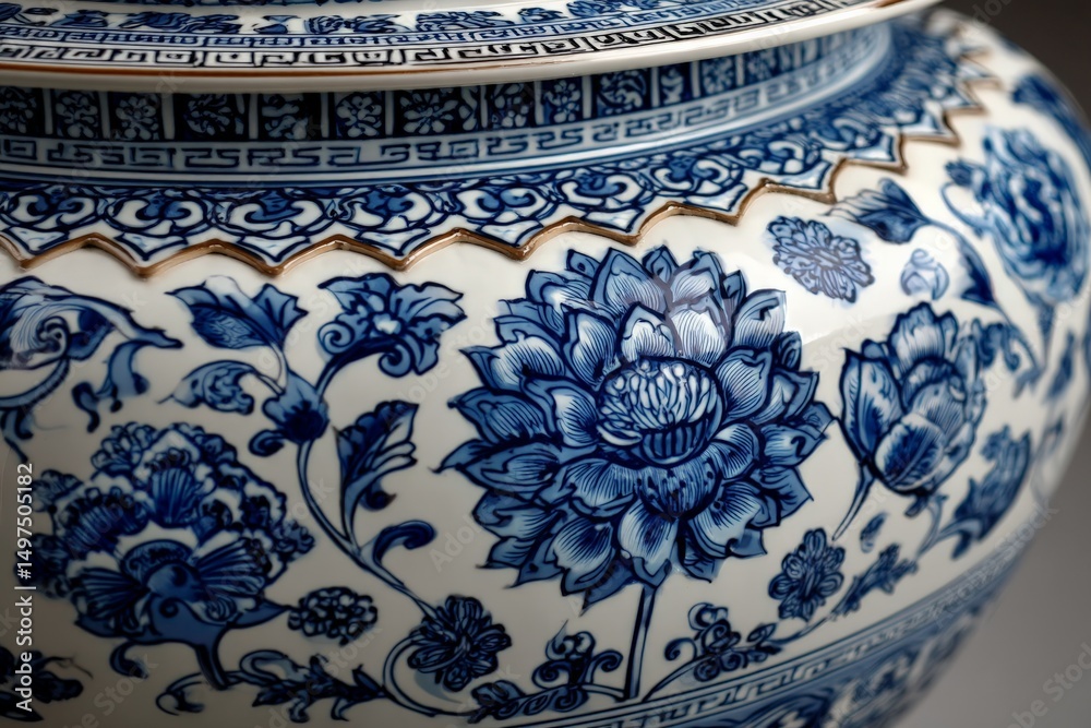 Poster decorative porcelain vase with intricate blue floral patterns displayed in an art gallery highlighti