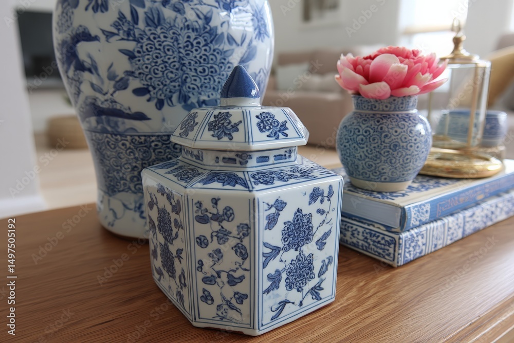 Aufkleber decorative blue and white porcelain vases and container arranged on a wooden table in a modern livin
