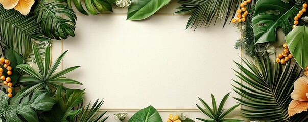 Elegant tropical-themed blank invitation template with vibrant green leaves and floral decor