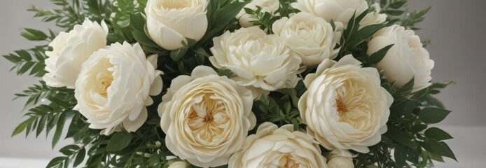 Elegant bridal bouquet; ivory roses, lush peonies, cascading greenery,  flower photography,  bridal style,  ivory