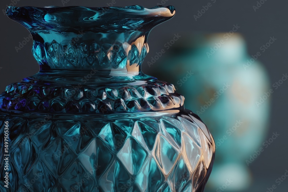 Poster close-up of intricate blue glass vase with elegant design displayed against soft blurred background