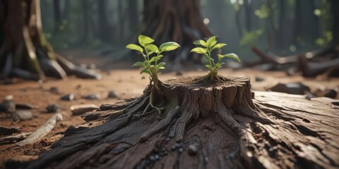 Tiny sprout pushes through weathered stump, showcasing resilience  ,  photography,  background,  texture