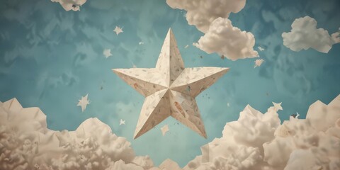 Torn paper, geometric star & cloud pattern, retro sky ,  grunge,  collage