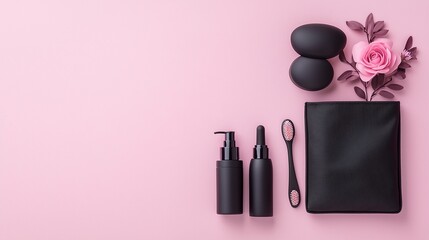Black Toiletry Bottles and Accessories on Pink Background