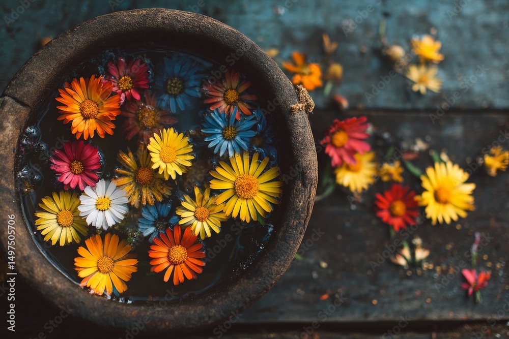 Aufkleber Colorful flowers floating in a rustic bowl on a wooden surface during the afternoon light of spring