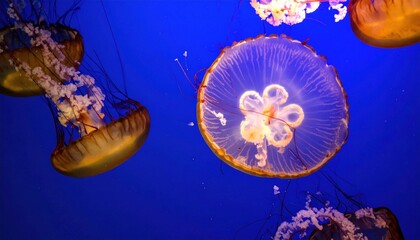 Tranquil underwater ballet of luminous jellyfish against deep blue canvas
