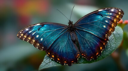 Artistic Extreme Closeup Photo Celebrating the Vivid Translucent Wings and Natural Hues of a Blue Butterfly in a Gently Blurred Foliage Setting