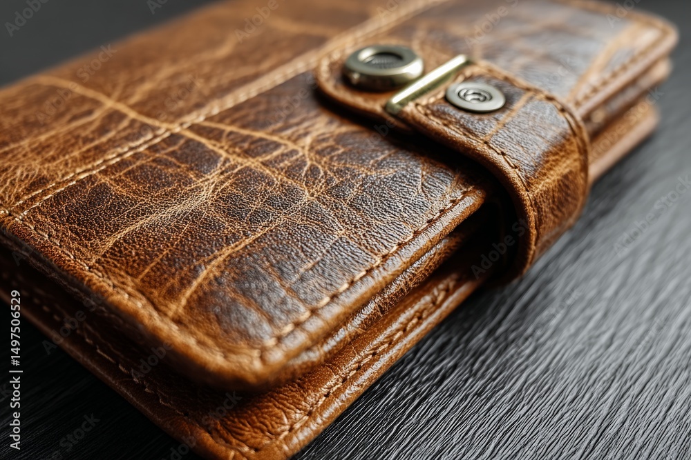 Poster brown leather wallet rests on textured black surface highlighting craftsmanship and design details i