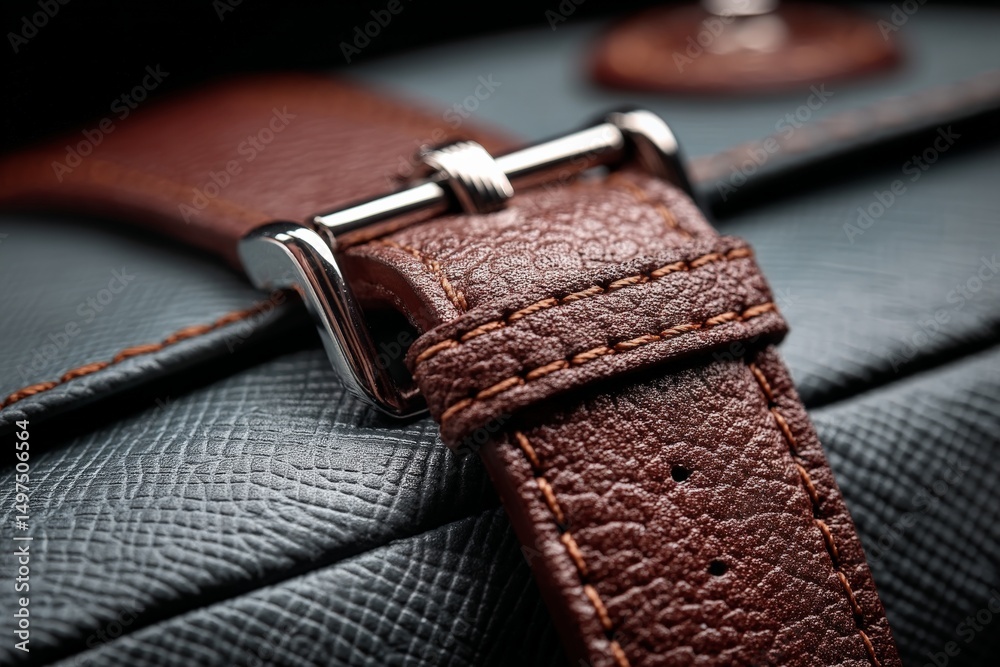 Poster close-up view of a detailed leather strap on a stylish bag showcasing craftsmanship and texture