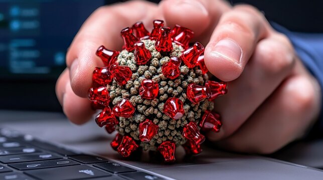 Hand Holding Virus Model on Laptop Keyboard