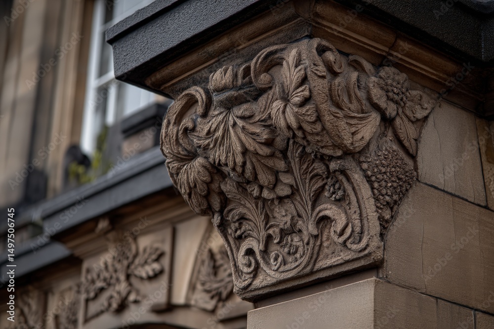 Poster Intricate stone carving on an architectural column in a historic building captured in a charming urban setting