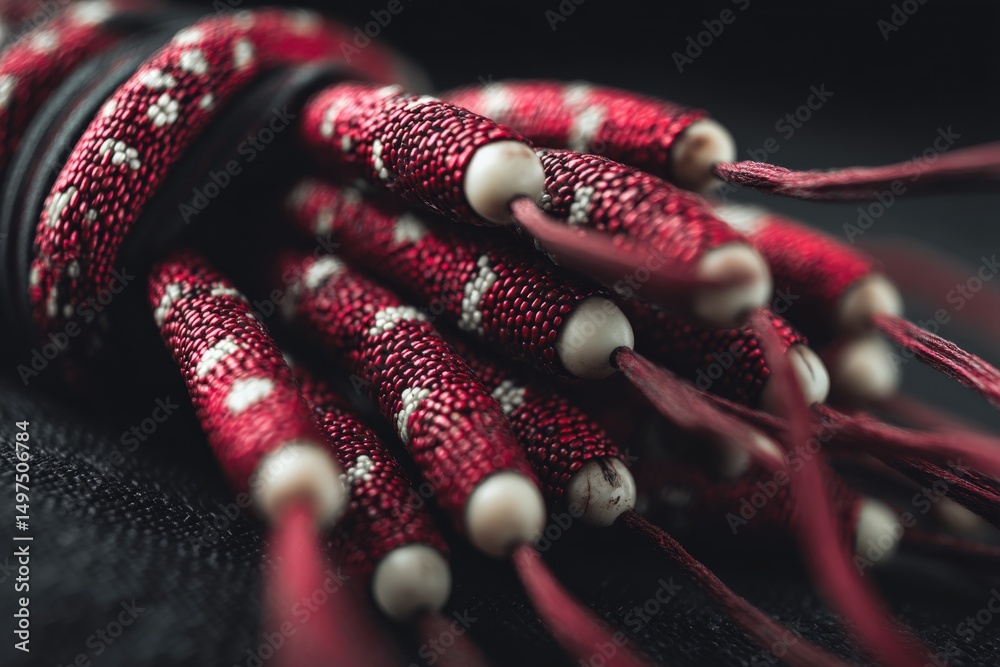 Poster intricate red and white woven cords arranged in an artistic display showcasing traditional craftsman