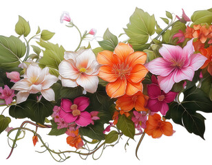 Mixed Color Floral Creeper PNG Pink, Orange, White Flowers with Green Leaves Clipart