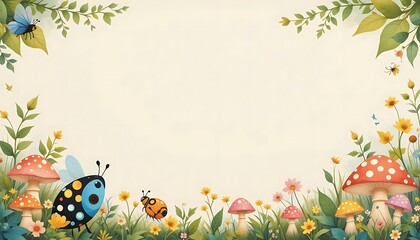 Fototapeta premium Cute Cartoon Mushrooms and Bugs with Flowers for Children's Illustration