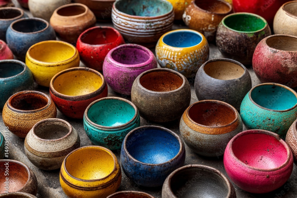 Aufkleber vibrant collection of handcrafted pottery bowls arranged in a colorful display at a market stall