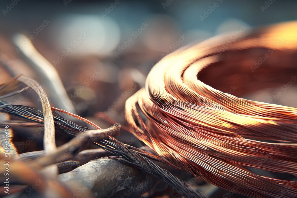 Poster copper wire coils intertwine with natural materials in an artistic composition during a creative pro