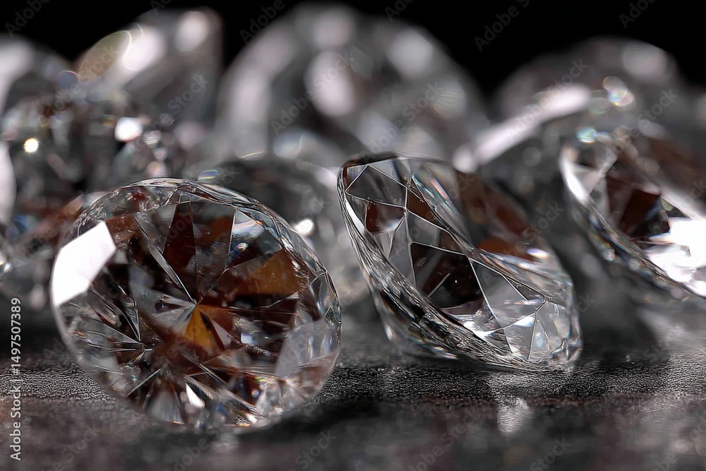 Poster Sparkling diamonds scattered on a dark surface creating a luxurious and elegant display in a close-up shot